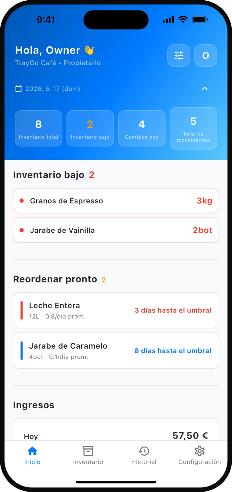 TrayGo inventory dashboard